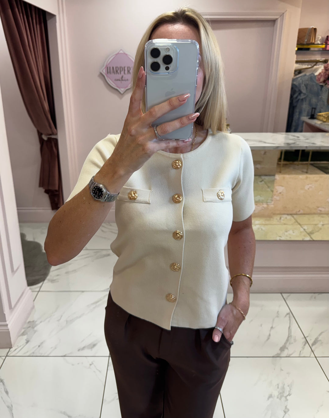 Charlie Cream Button Knit Top