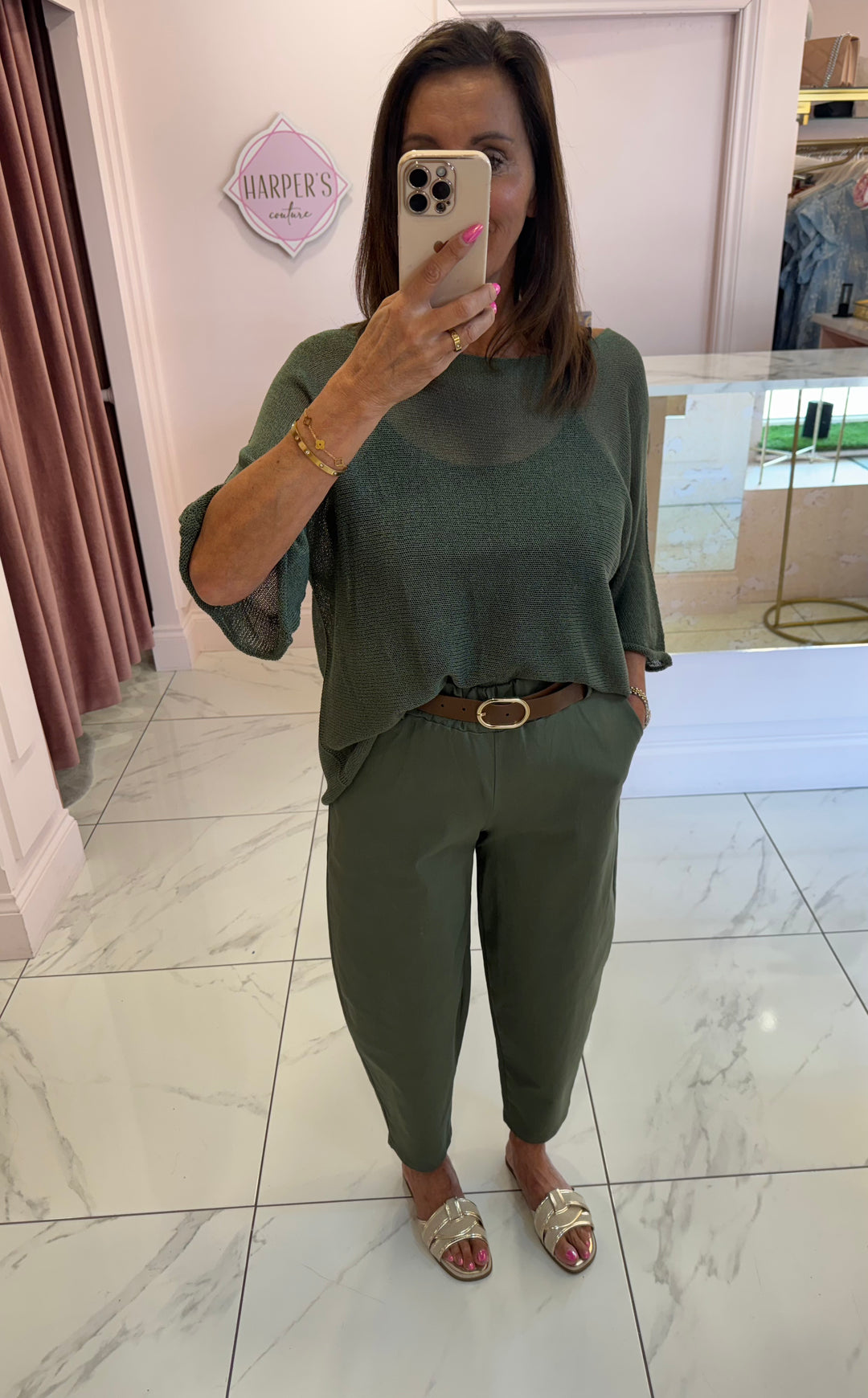 Ria Khaki Belted Stretch Trousers