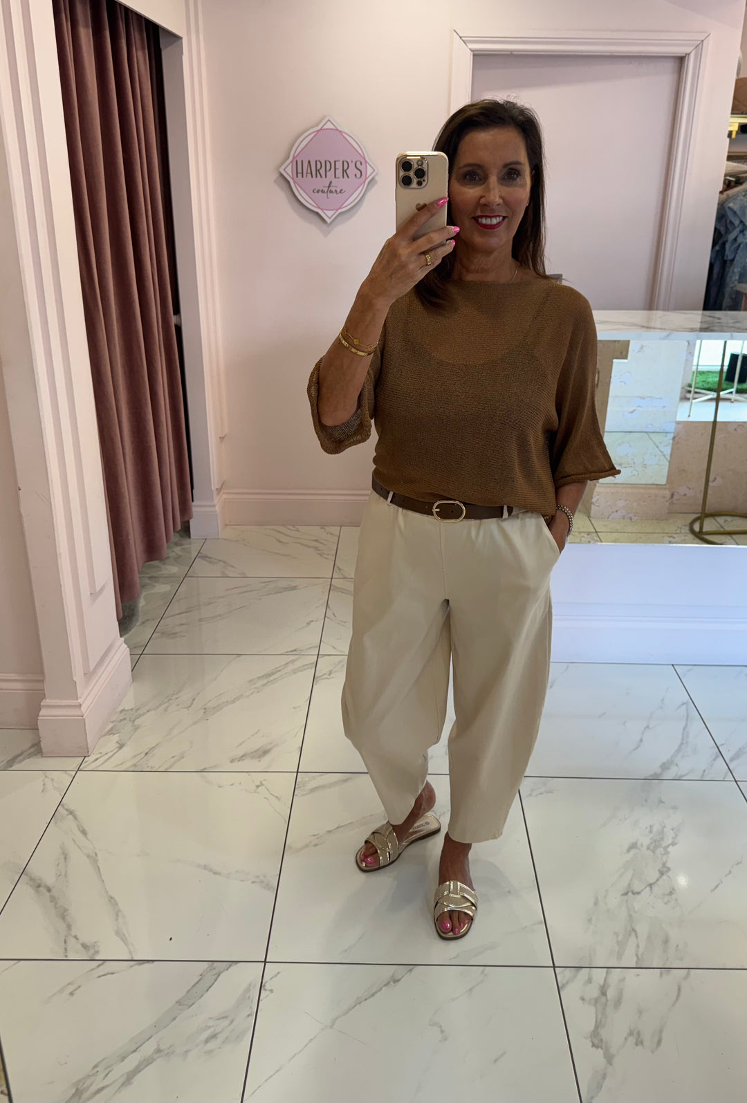Ria Cream Belted Stretch Trousers