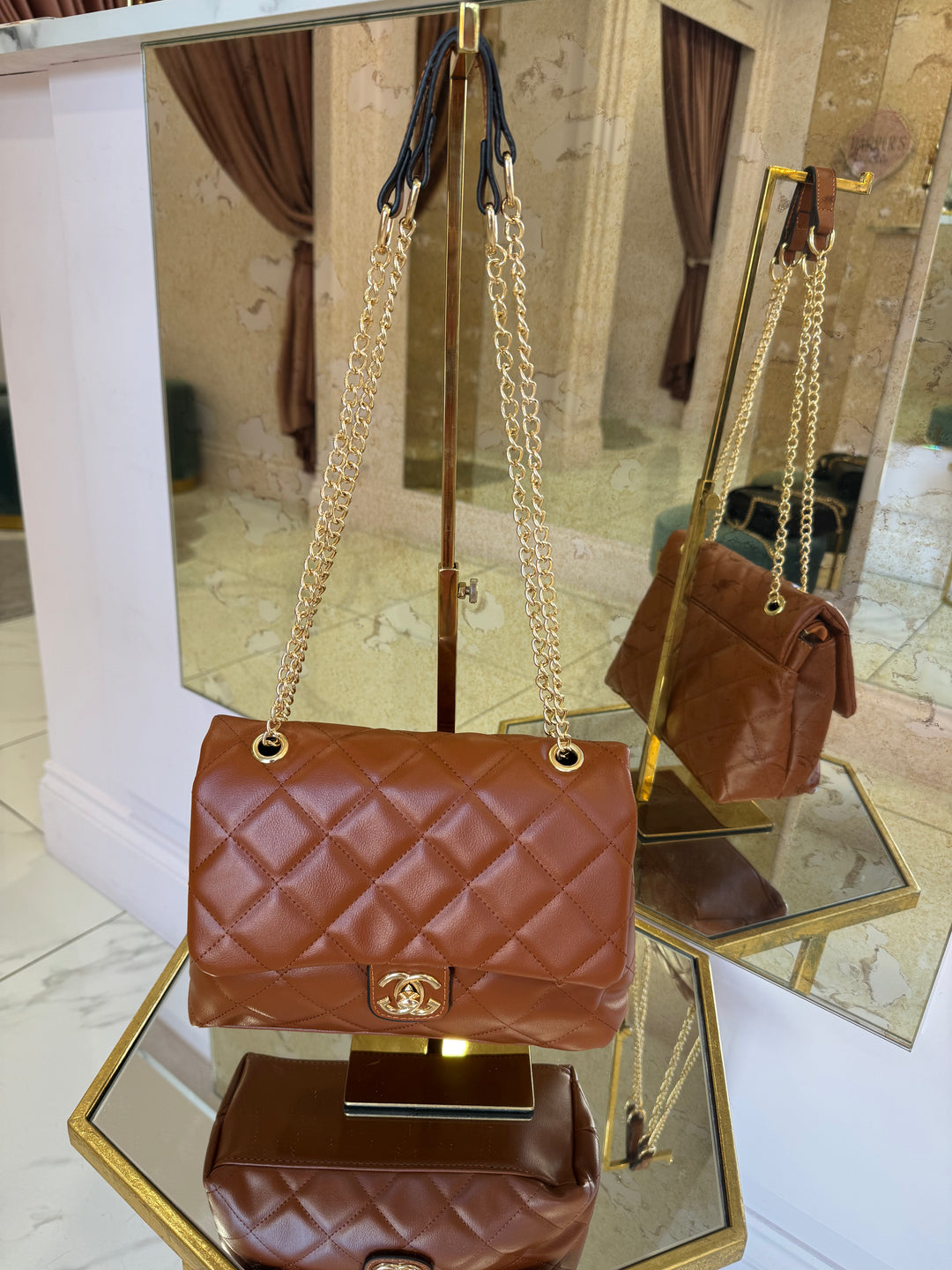 Caprice Faux Leather Quilted Bag With Gold Chain