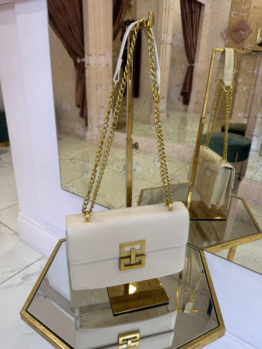 Leah Nude Structured Bag with gold chain strap