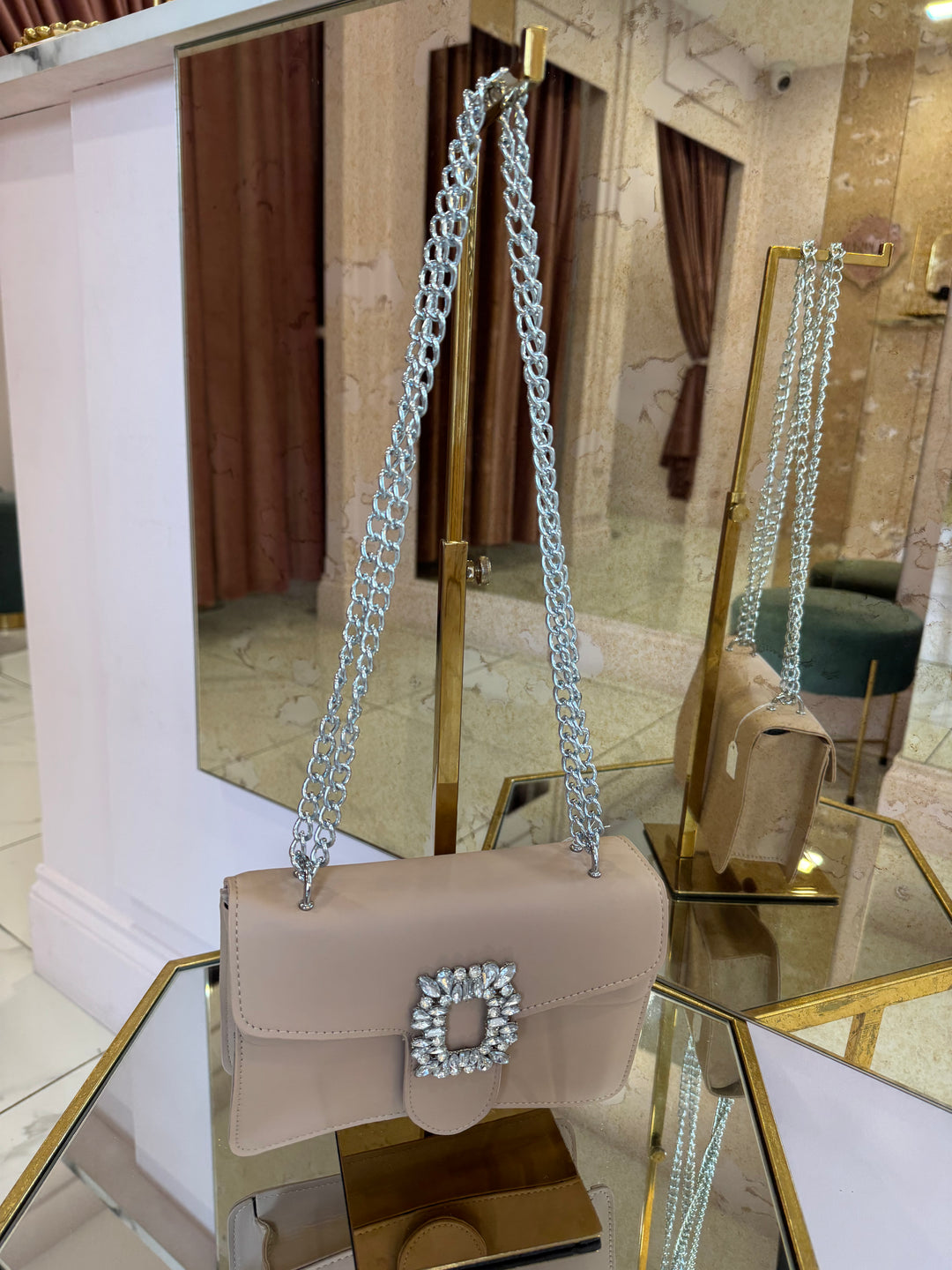 Sami Nude Structured Bag Crystal Embellishment & silver chain strap