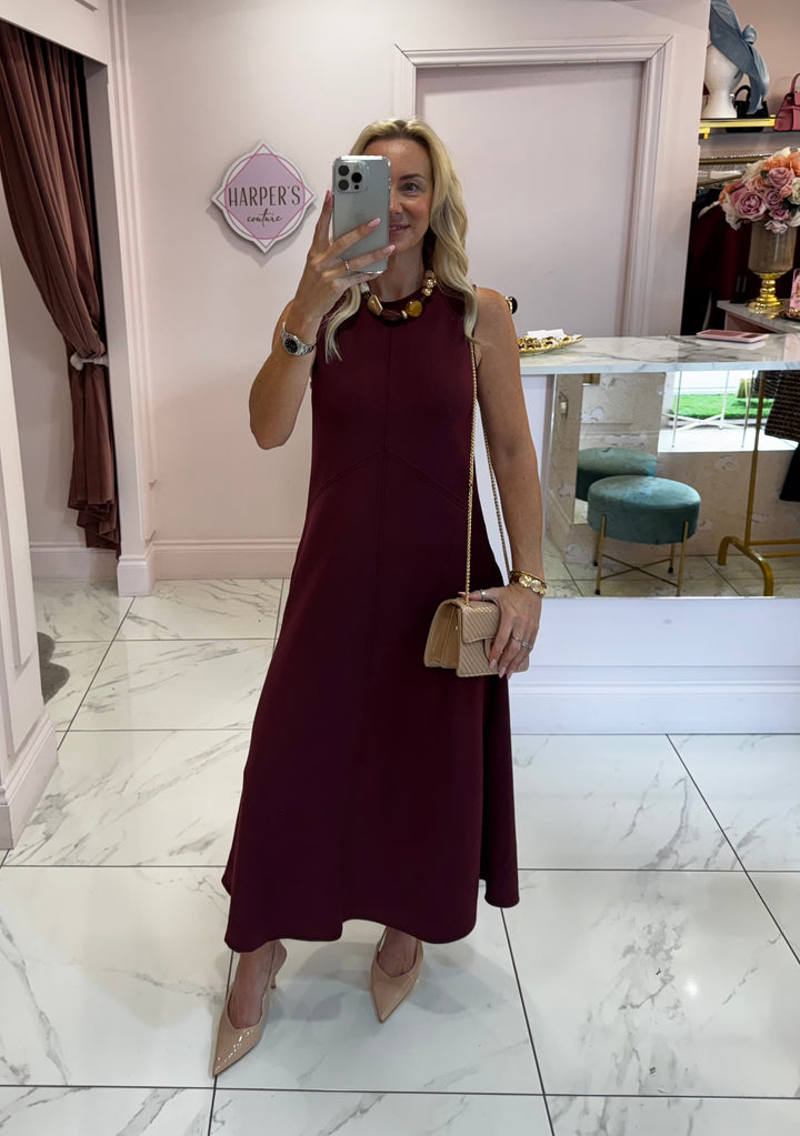 Natasha Burgundy Tailored Sleevless Midi Dress with Pockets