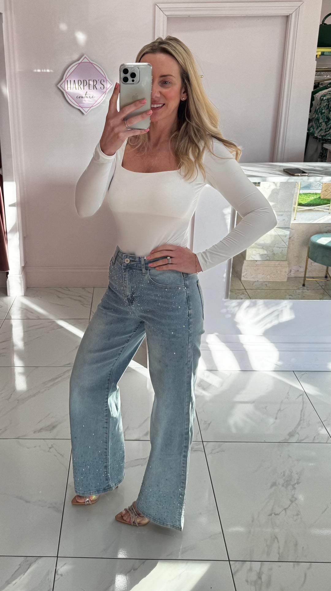 Andrea Wide Fit Blue & Silver Ombre Sparkle Stretch Jeans