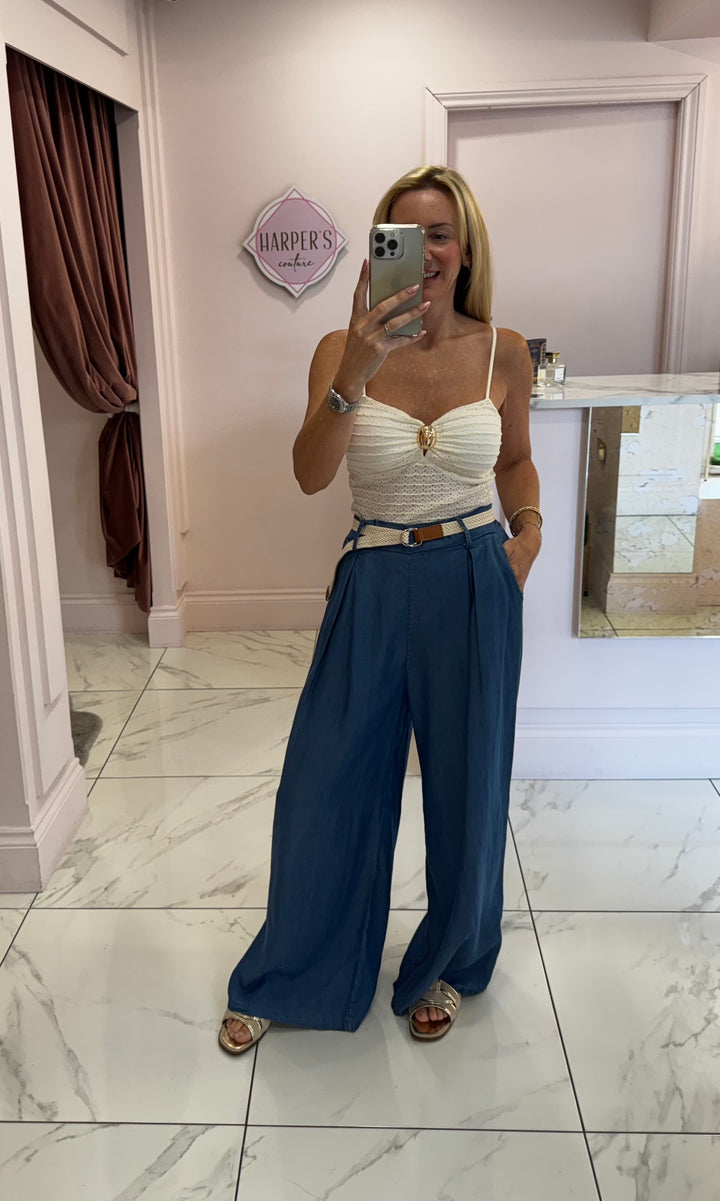 Doris Soft Lightweight Denim Belted Long length Trousers