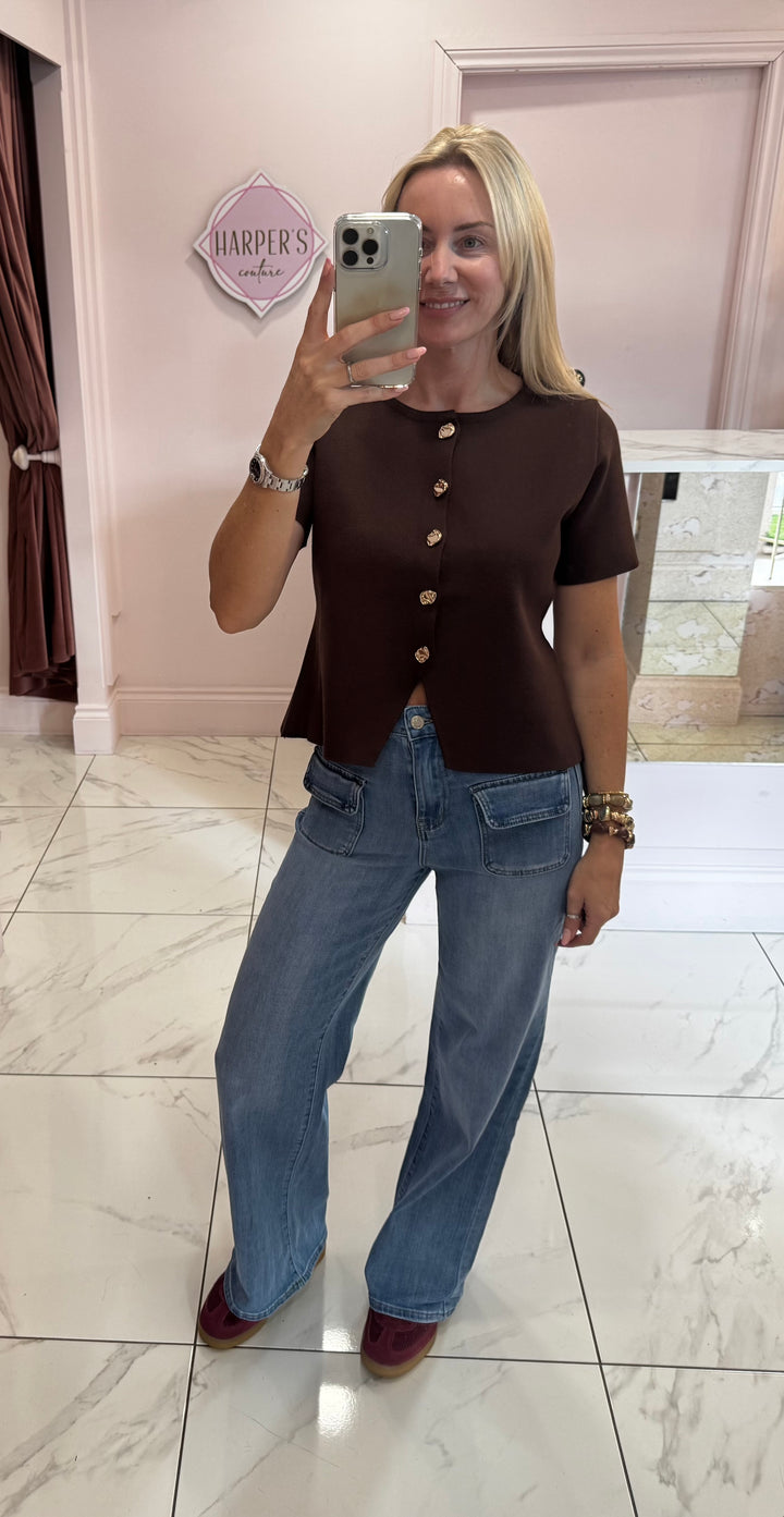 Katy Chocolate Knit Button Detail Waistcoat/Top