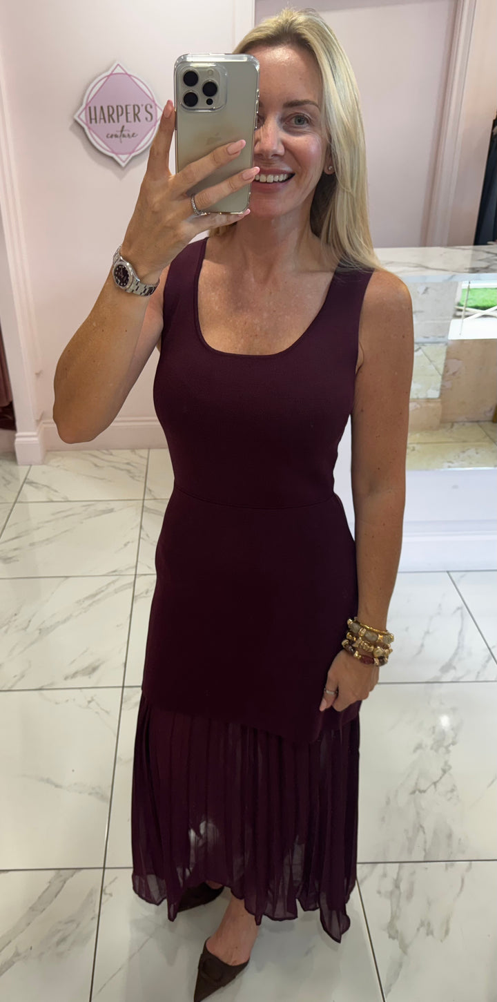 Riley Burgundy Pleated Skirt detail Dress