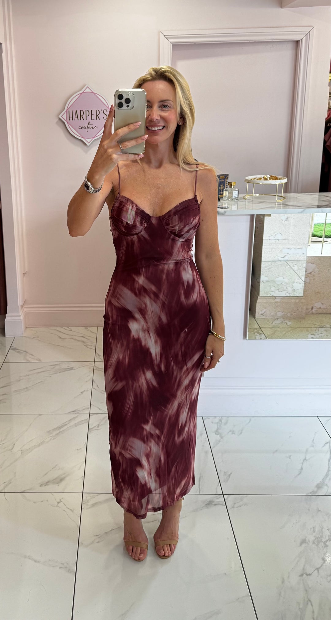 Libby Burgundy Print Mesh Dress