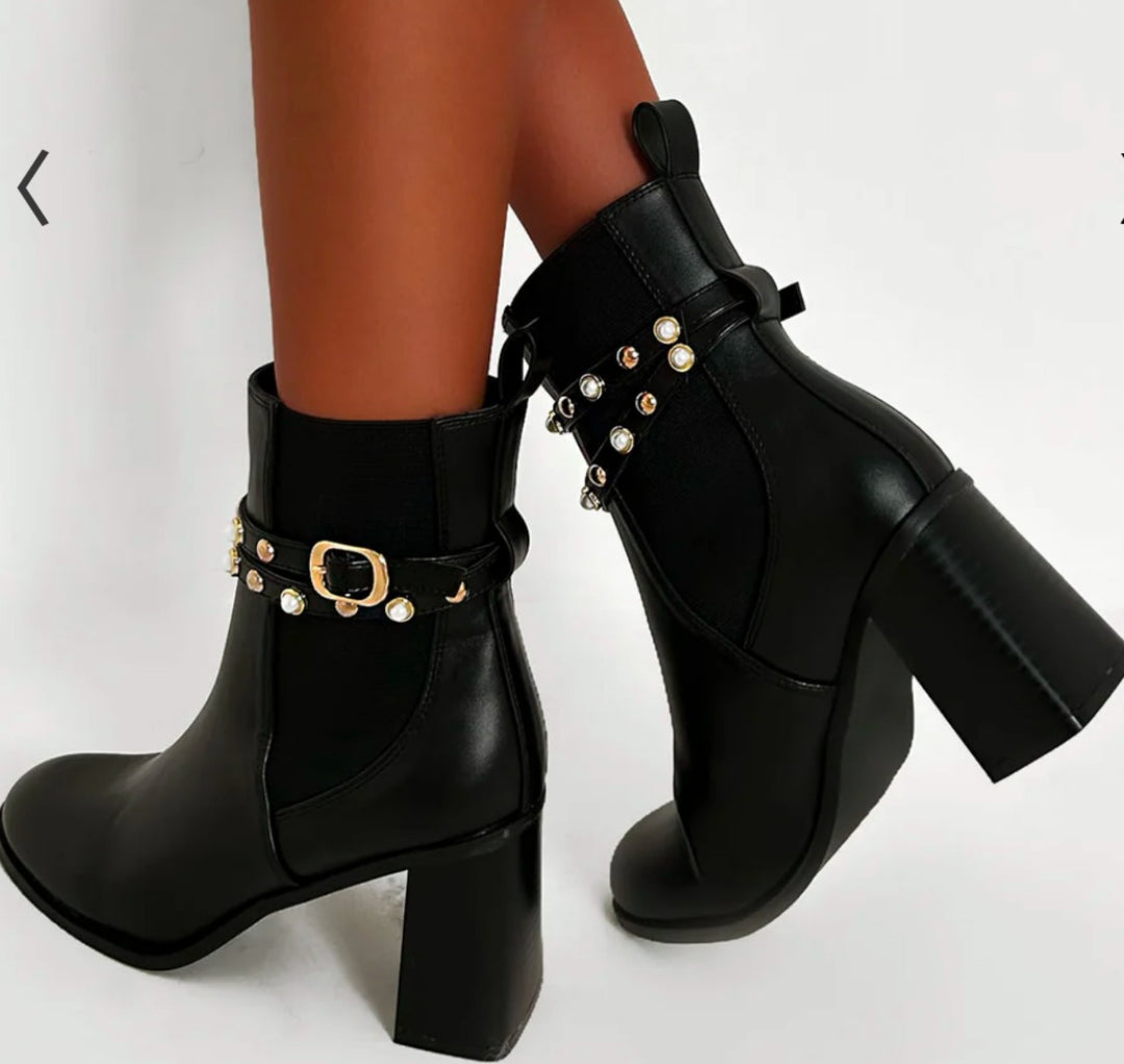 Black Block Heel Pearl Detail Ankle Boots