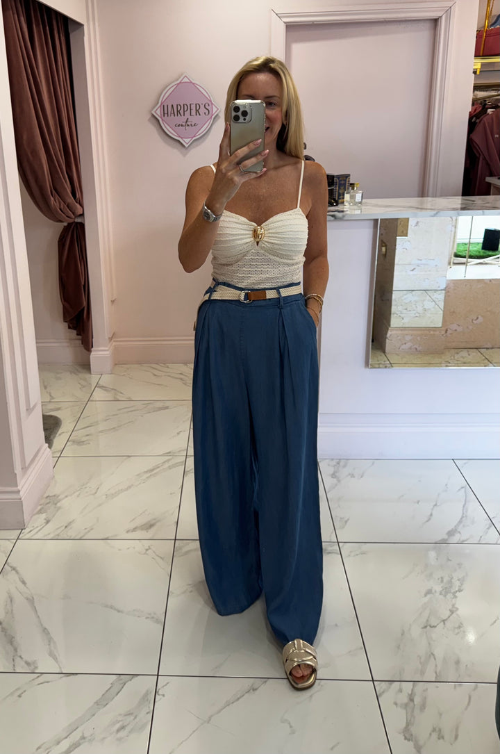 Doris Soft Lightweight Denim Belted Long length Trousers
