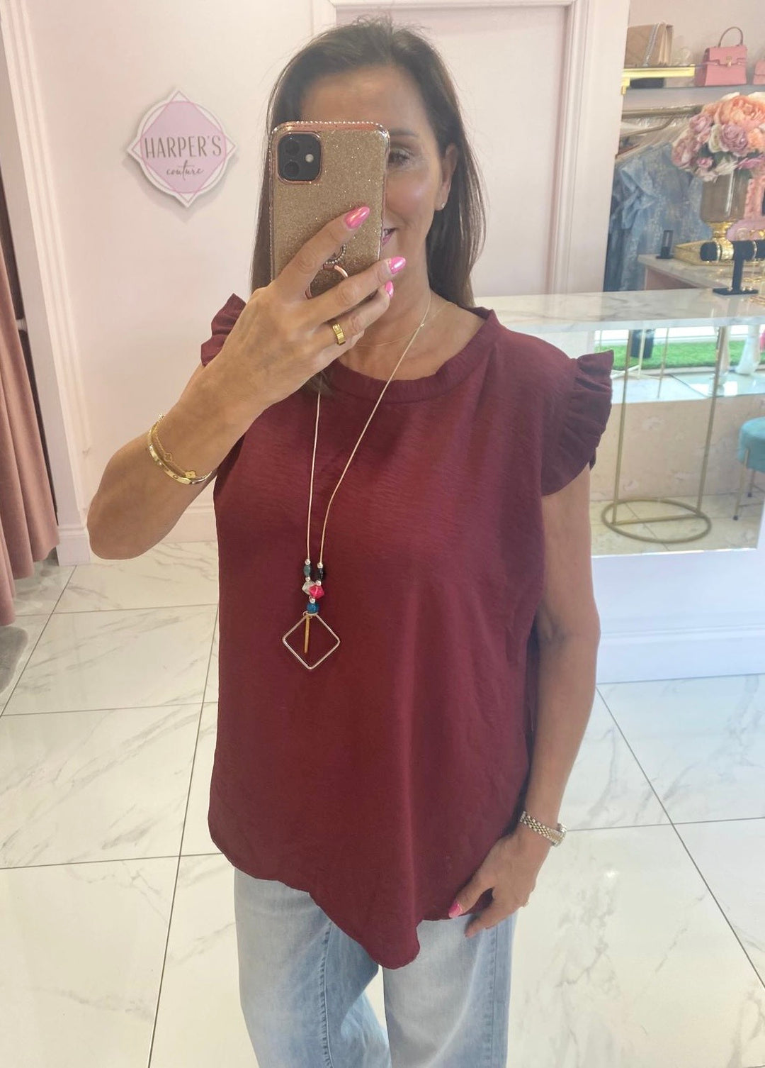 Kaya Frill Shoulder Top With Necklace