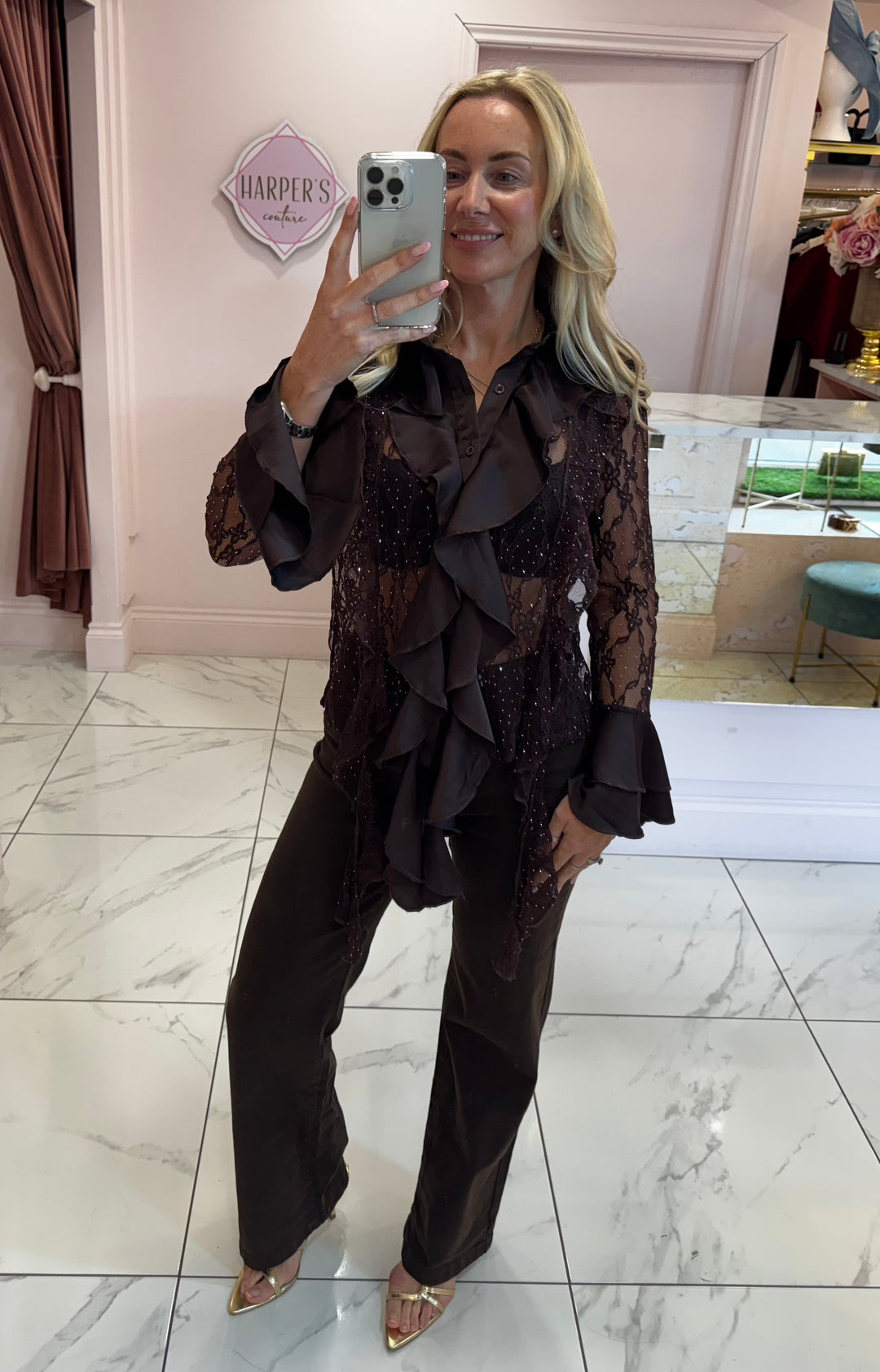 Hollie Lace & Ruffle Chocolate Brown Shirt with Bell Sleeves