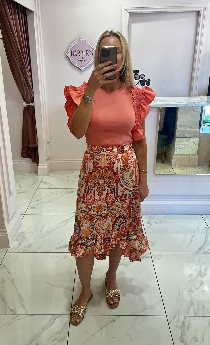 Carrie Anne High/Low Coral Print Skirt