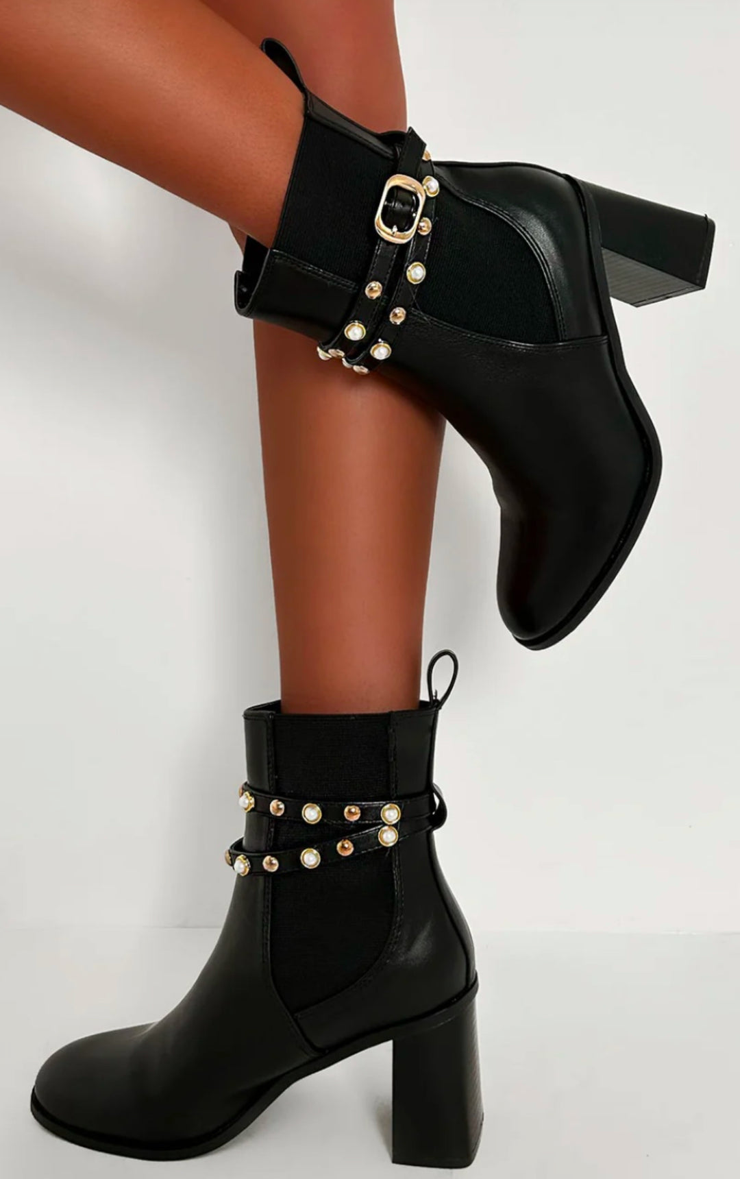 Black Block Heel Pearl Detail Ankle Boots