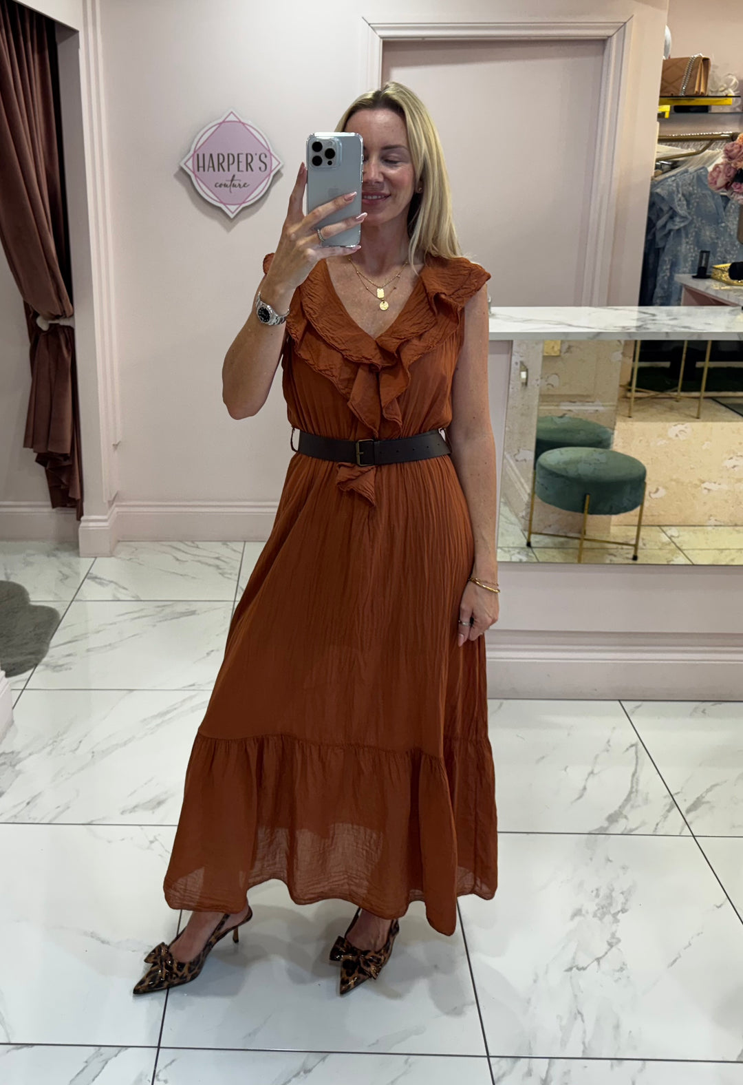 Estelle Rust Belted Ruffle Detail Dress