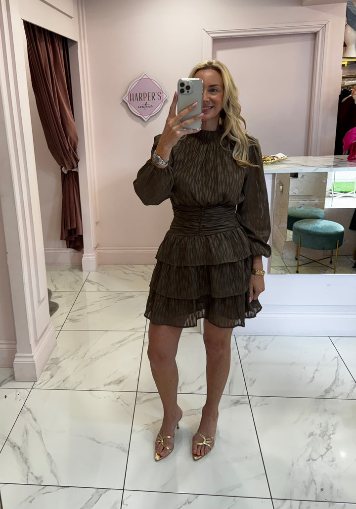 Tara Chocolate Brown with tiny gold thread Patterned Rara Dress