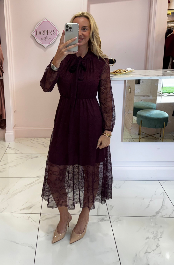 Dionne Burgundy Lace Long Sleeve Dress