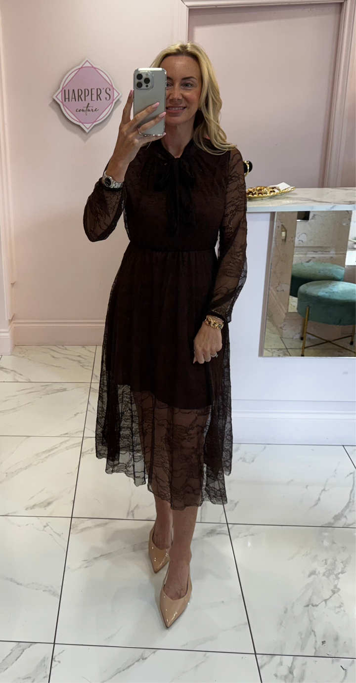 Dionne Chocolate Brown Lace Long Sleeve Dress