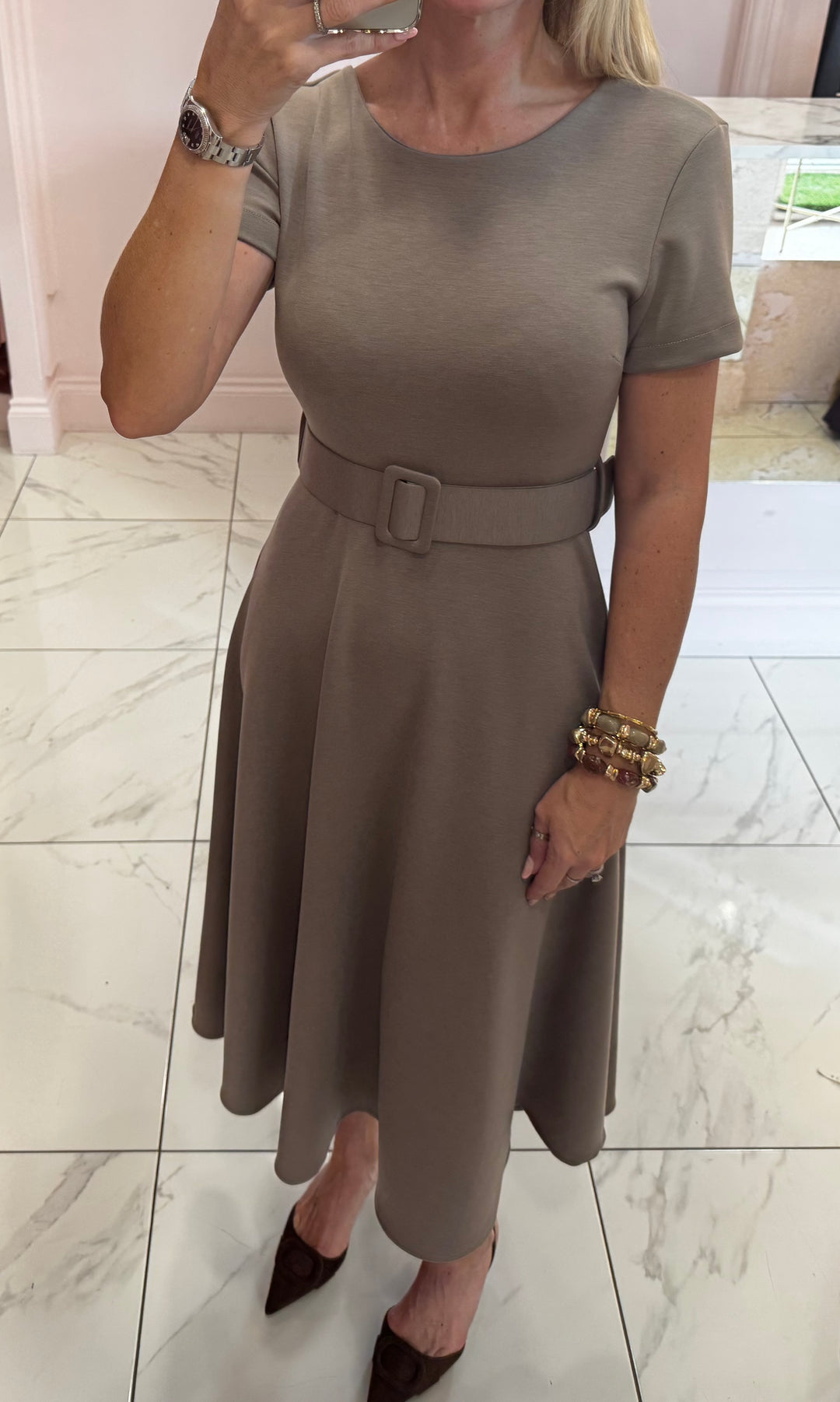 Jolene Taupe Tailored Short Sleeve Midi Dress with Belt