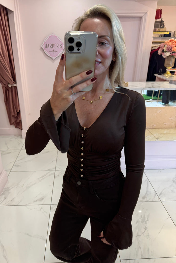 Kara Gold Bead & Fluted Sleeve Detail  Bodysuit