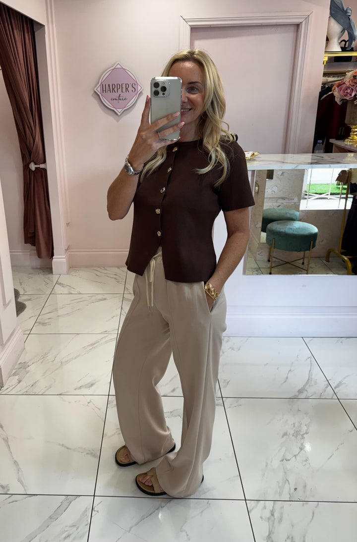 Carly Chocolate Short Sleeve Gold Button Detail Cardigan