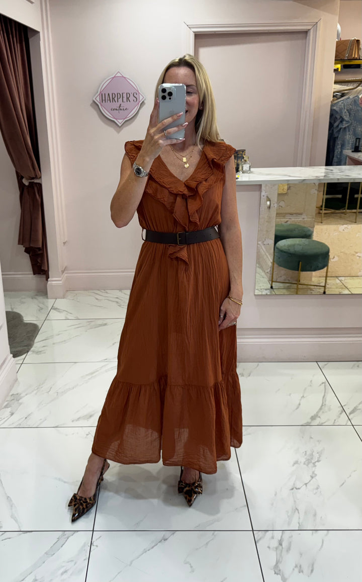 Estelle Rust Belted Ruffle Detail Dress