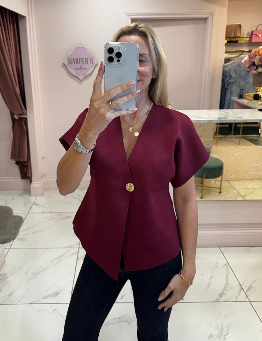 Carrie Burgundy Gold Button Detail Knit Top