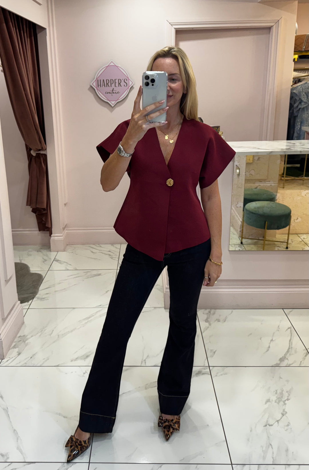 Carrie Burgundy Gold Button Detail Knit Top
