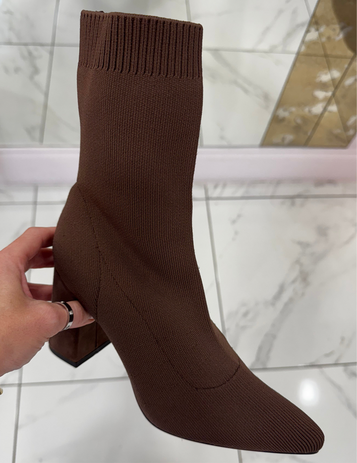 Alexa Chocolate Brown Block Heel Suede Effect Sock Ankle Boots