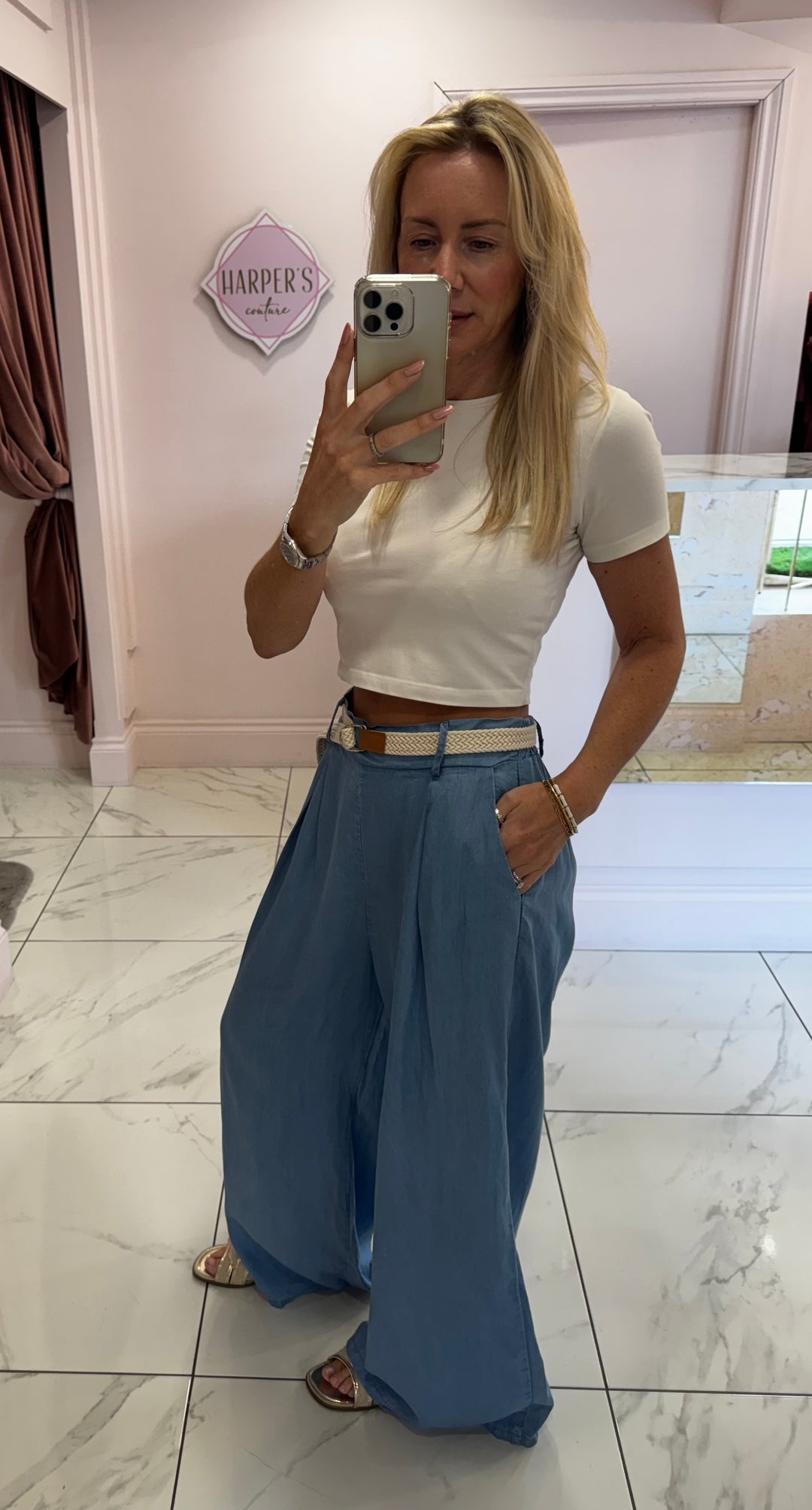 Doris Soft Lightweight Denim Belted Long length Trousers