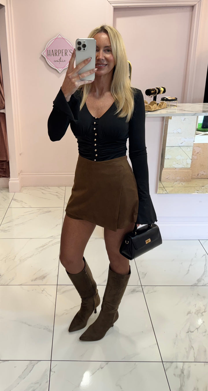 Casey Camel Wrap Faux Suede Skort on