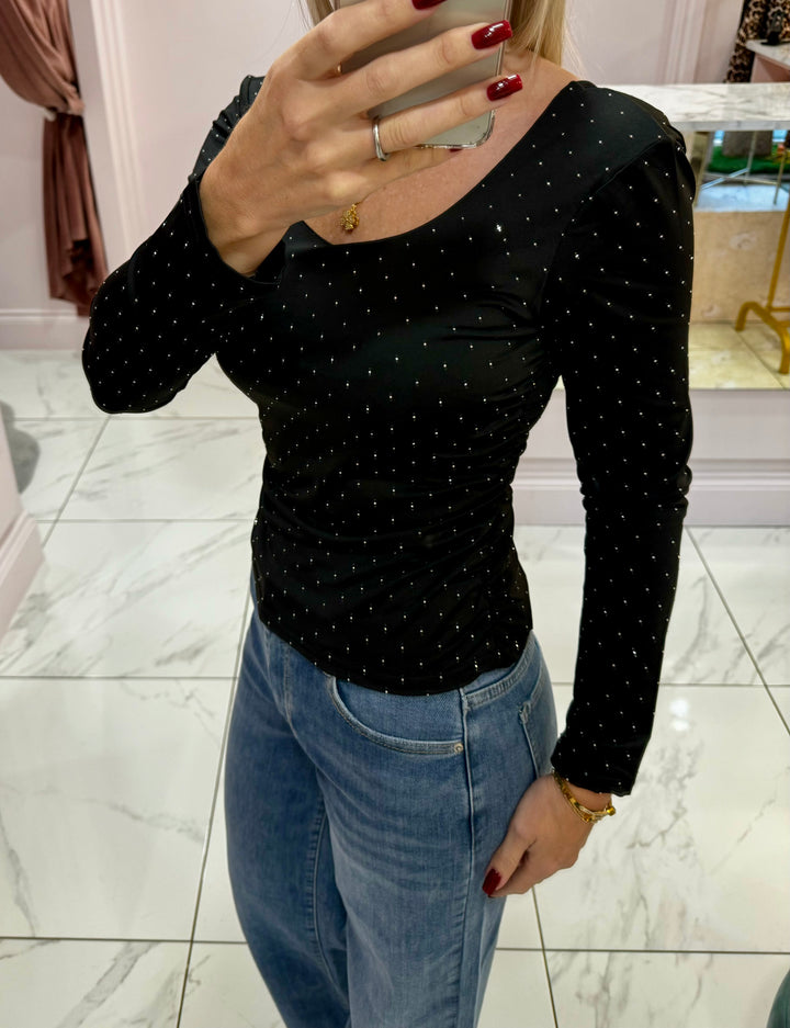 Teegan Black Diamanté slinky long Sleeve Top