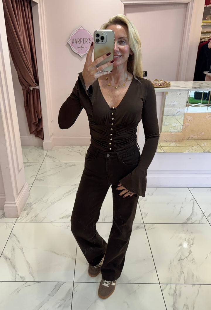 Kara Gold Bead & Fluted Sleeve Detail  Bodysuit