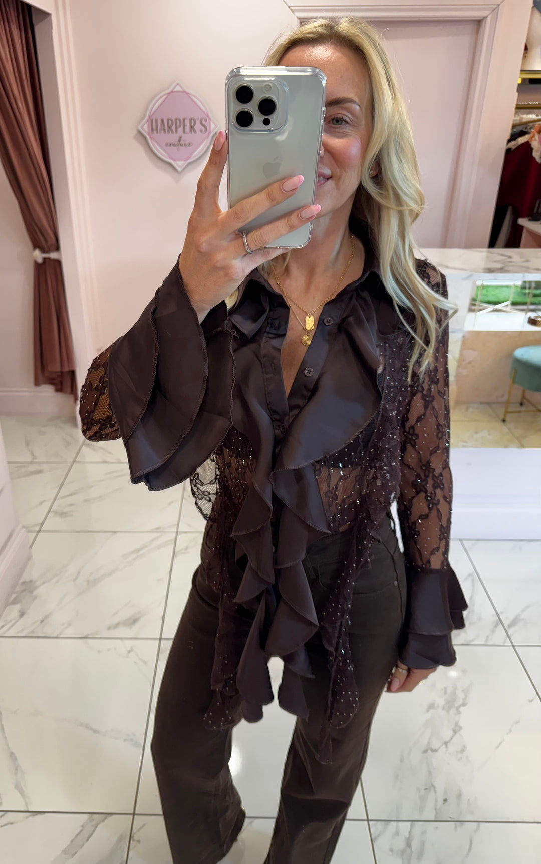 Hollie Lace & Ruffle Chocolate Brown Shirt with Bell Sleeves