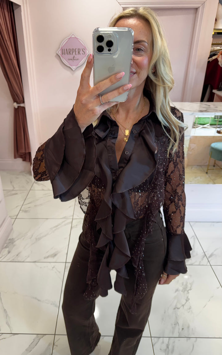 Hollie Lace & Ruffle Chocolate Brown Shirt with Bell Sleeves