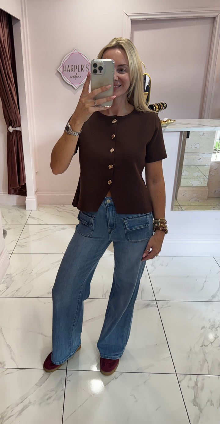 Katy Chocolate Knit Button Detail Waistcoat/Top