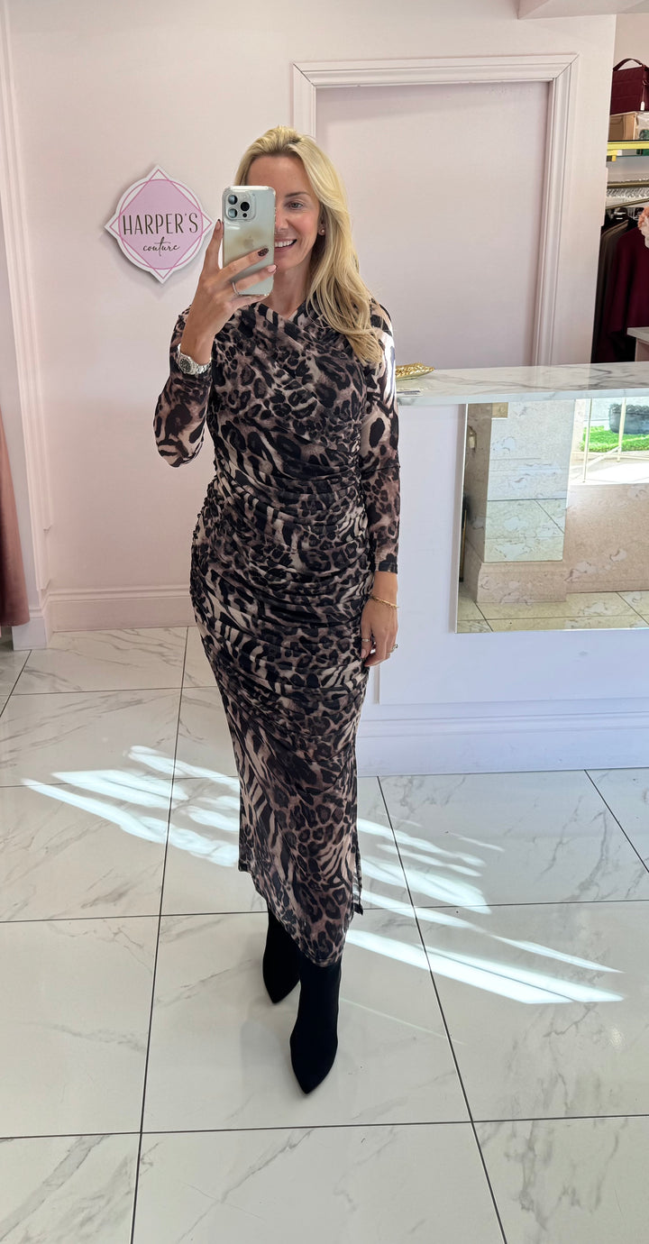 Laura Leopard Print Mesh Dress With Flattering Ruching