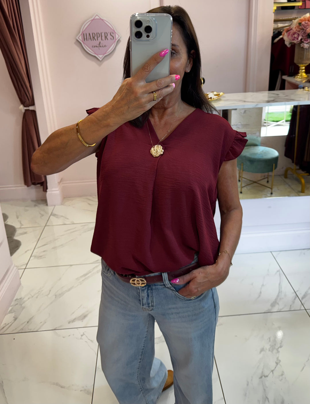 Brooke Gold Button Frill Shoulder Top
