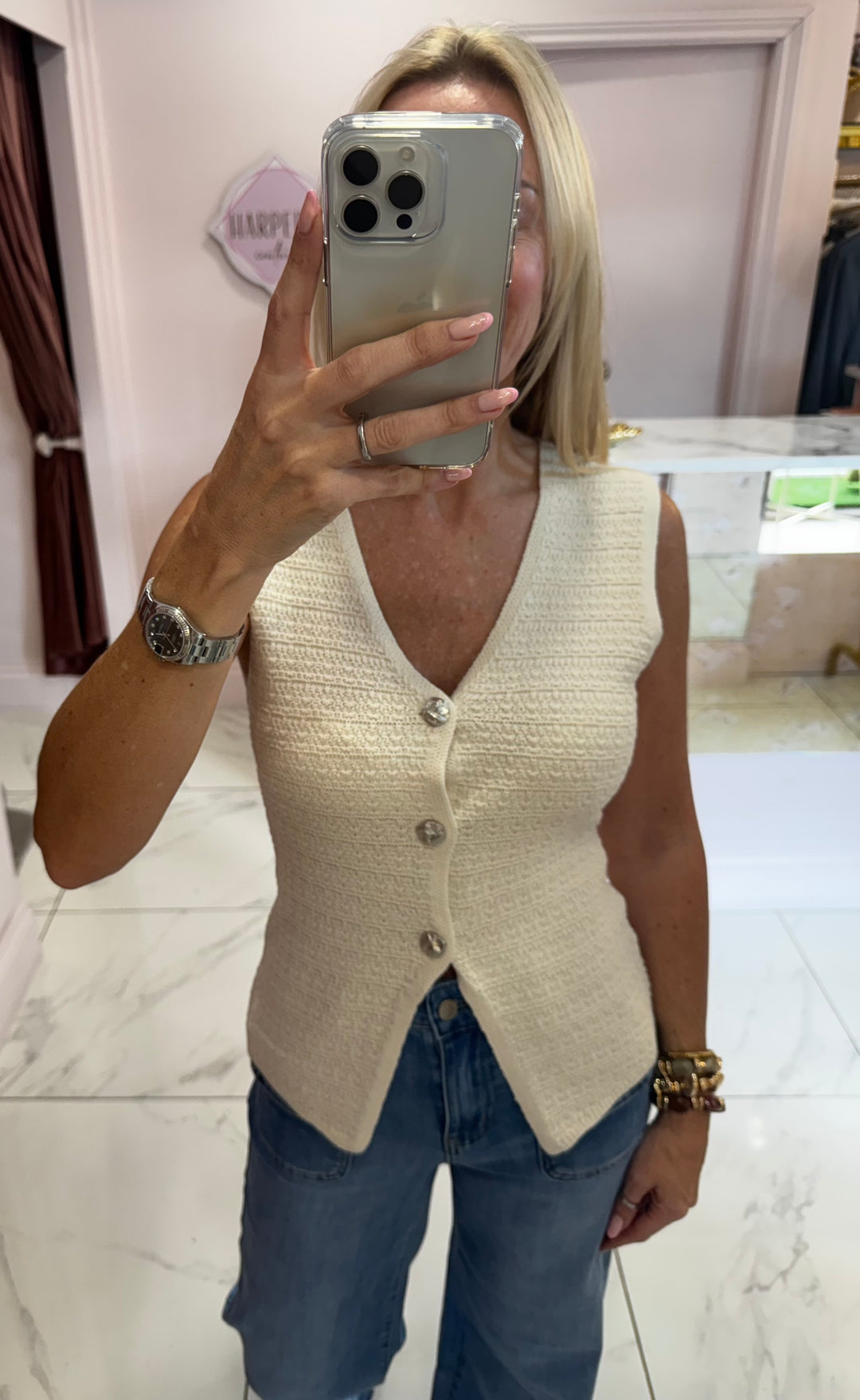 Carter Crinkle Knit Button Detail Waistcoat