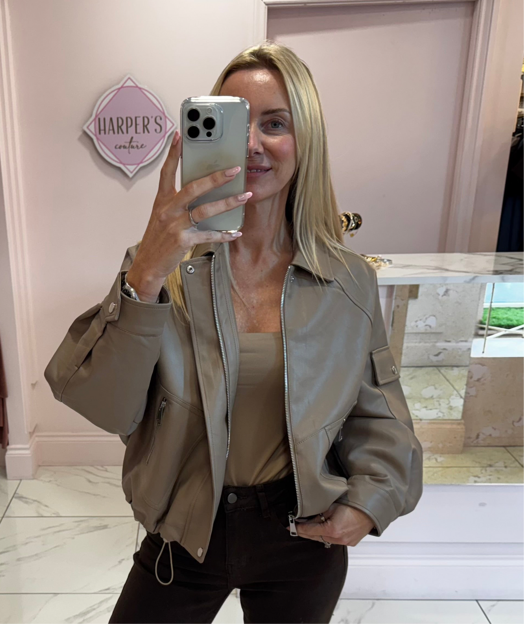 Beryl Mocha Faux Leather Lined Bomber Jacket