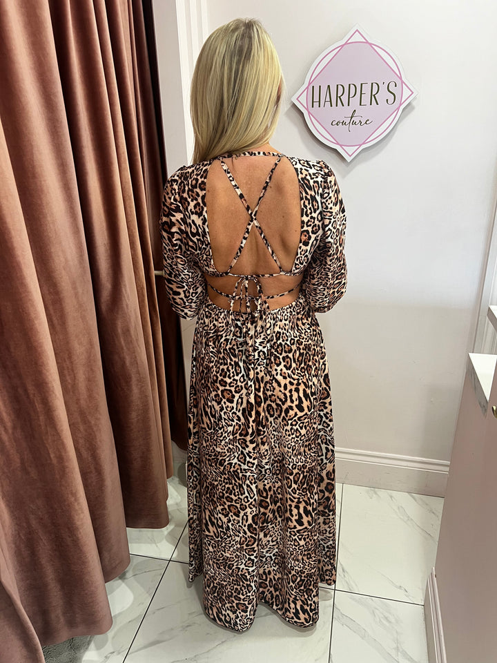 Belle Leopard Print Maxi Dress Cut out Back