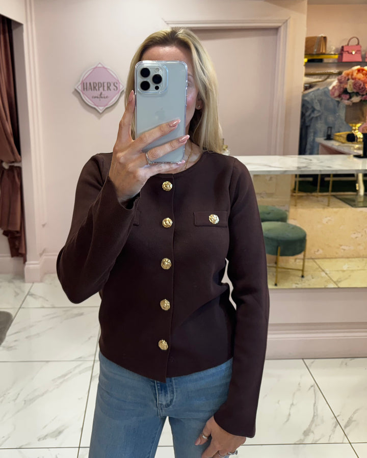 Elise Chocolate Gold Button Cardigan