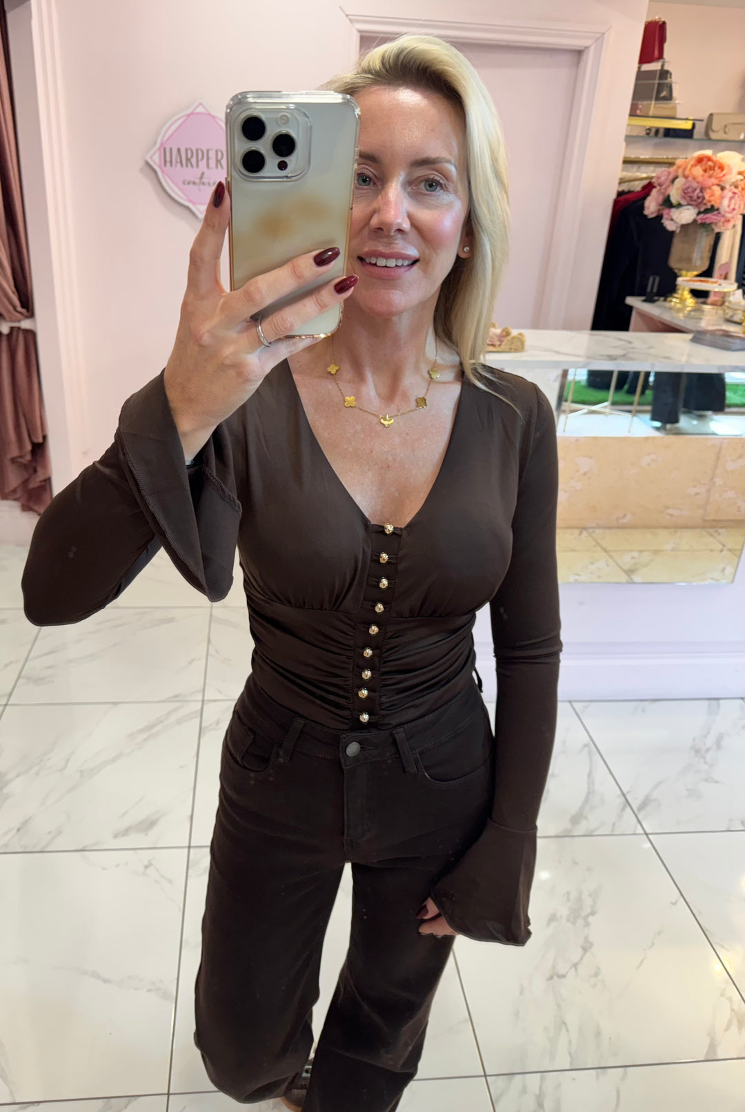 Kara Gold Bead & Fluted Sleeve Detail  Bodysuit