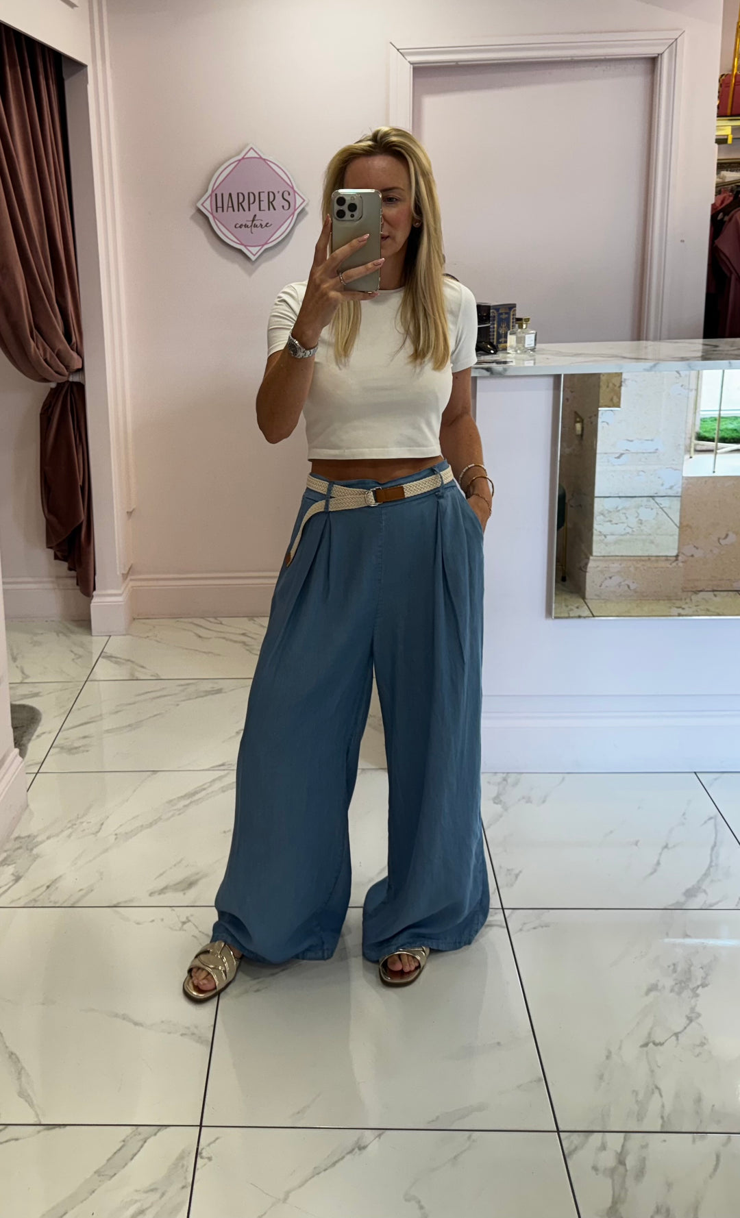 Doris Soft Lightweight Denim Belted Long length Trousers