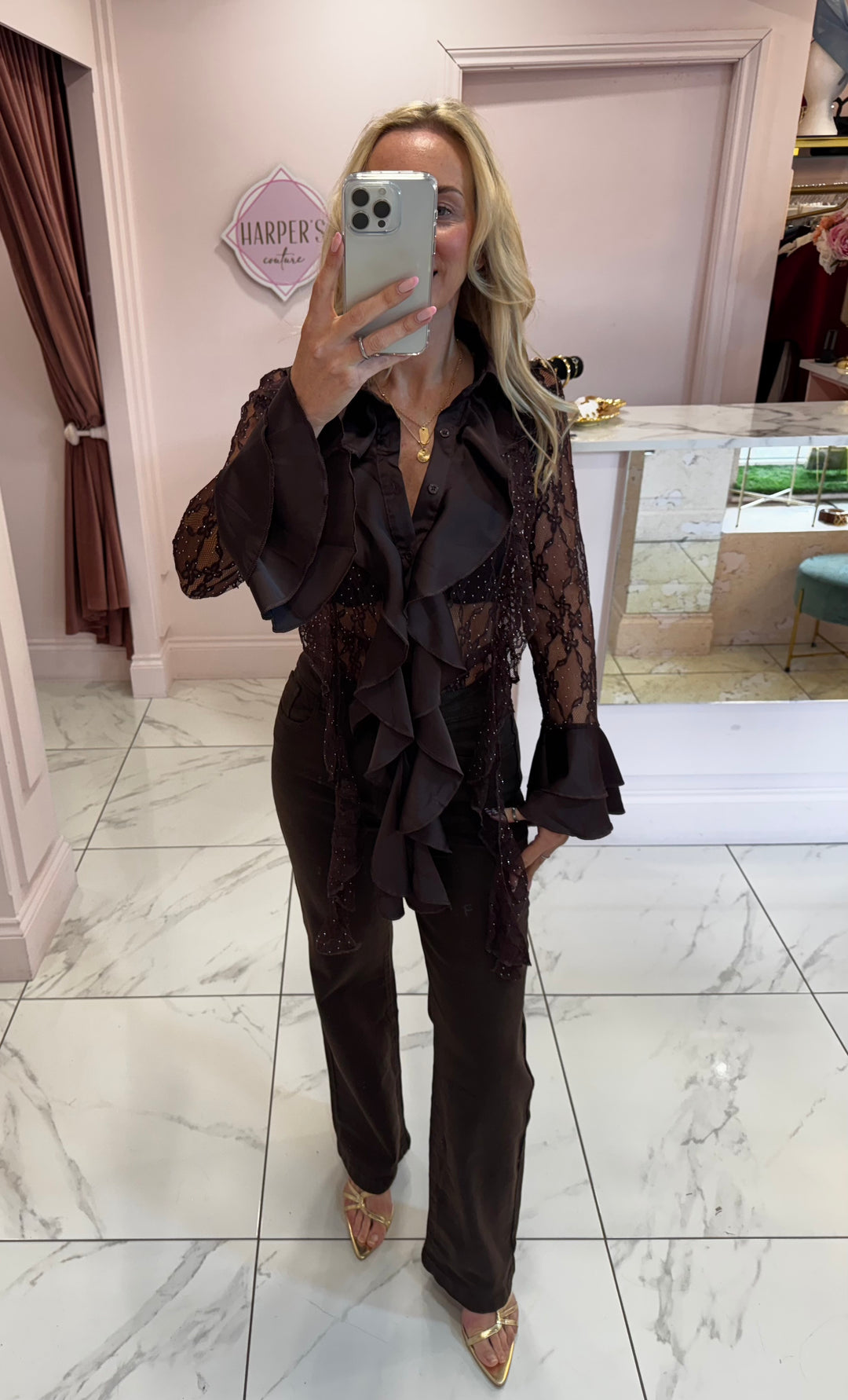 Hollie Lace & Ruffle Chocolate Brown Shirt with Bell Sleeves