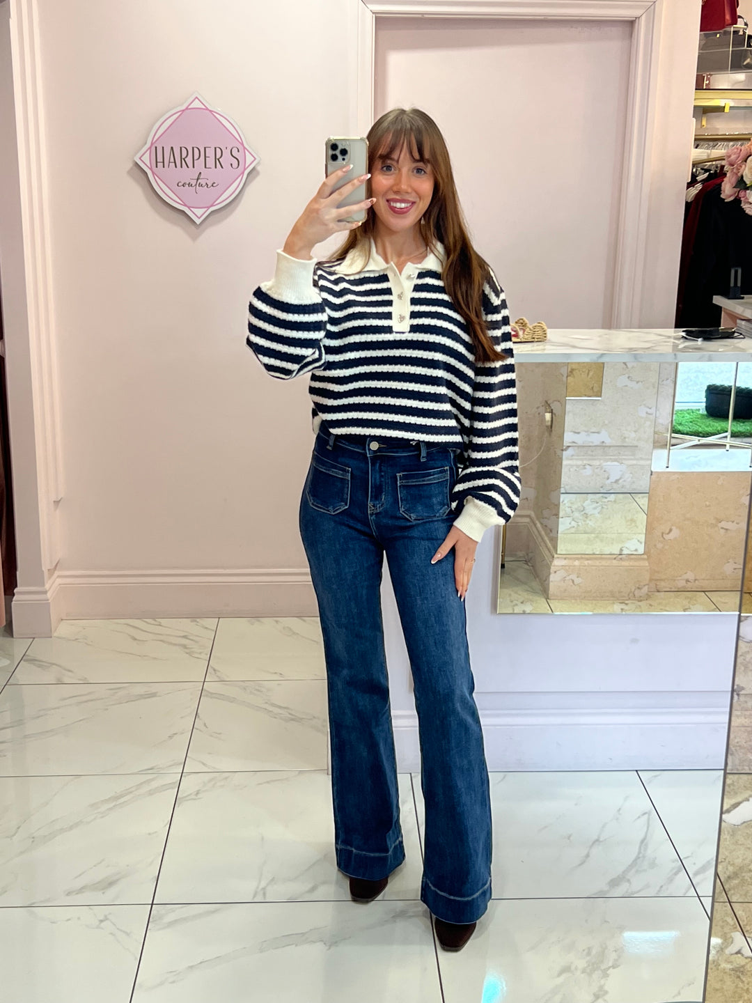 Renae Stripe Knit Heart button Detail Jumper