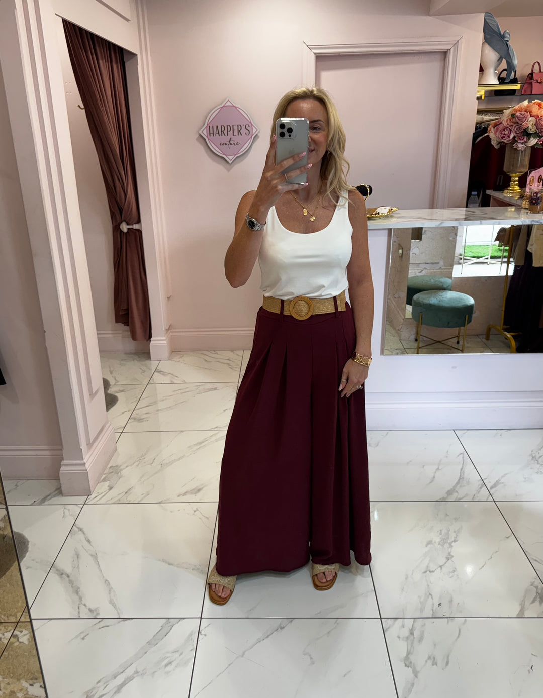 Adrianna Burgundy Wide Leg Belted Trousers