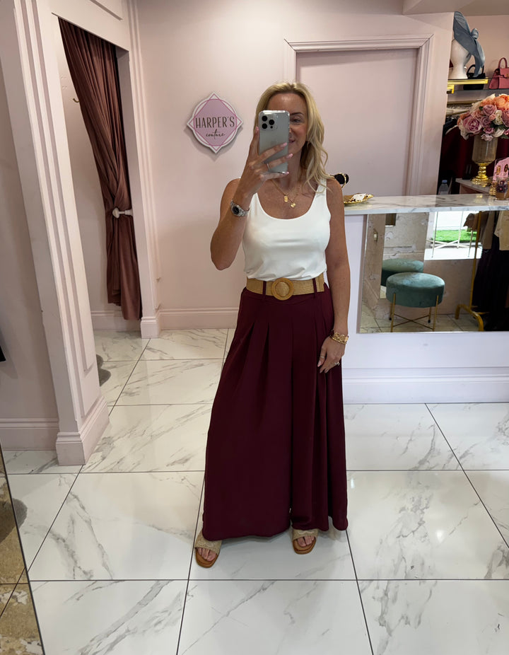 Adrianna Burgundy Wide Leg Belted Trousers