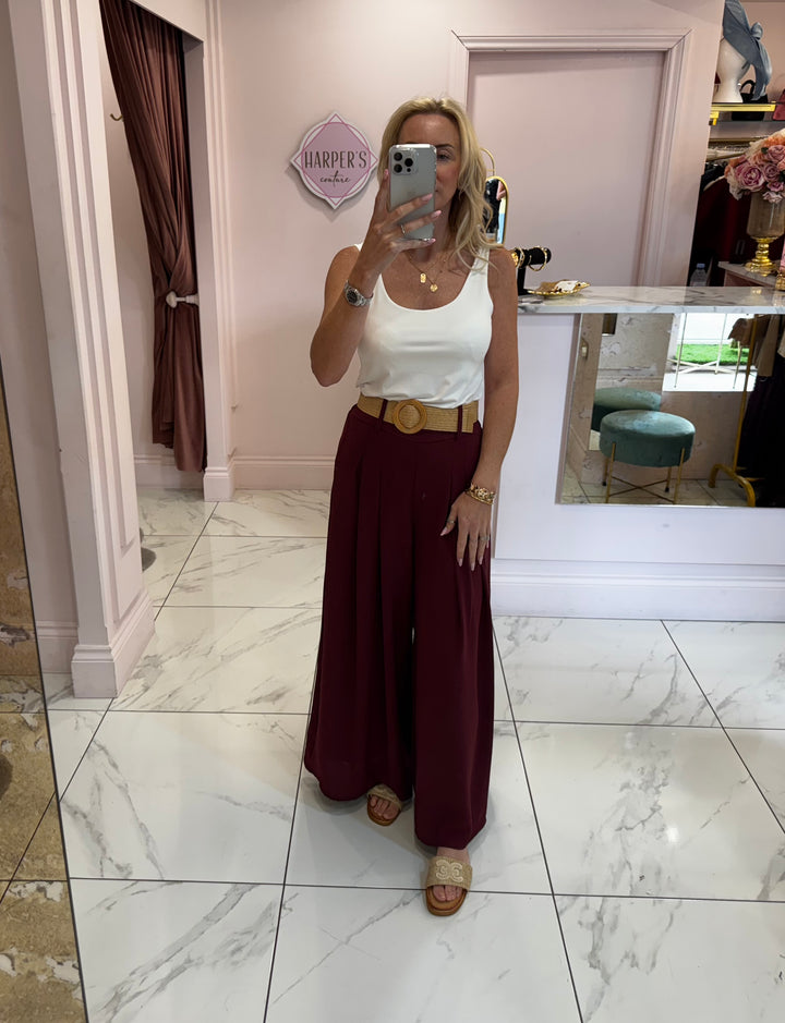 Adrianna Burgundy Wide Leg Belted Trousers