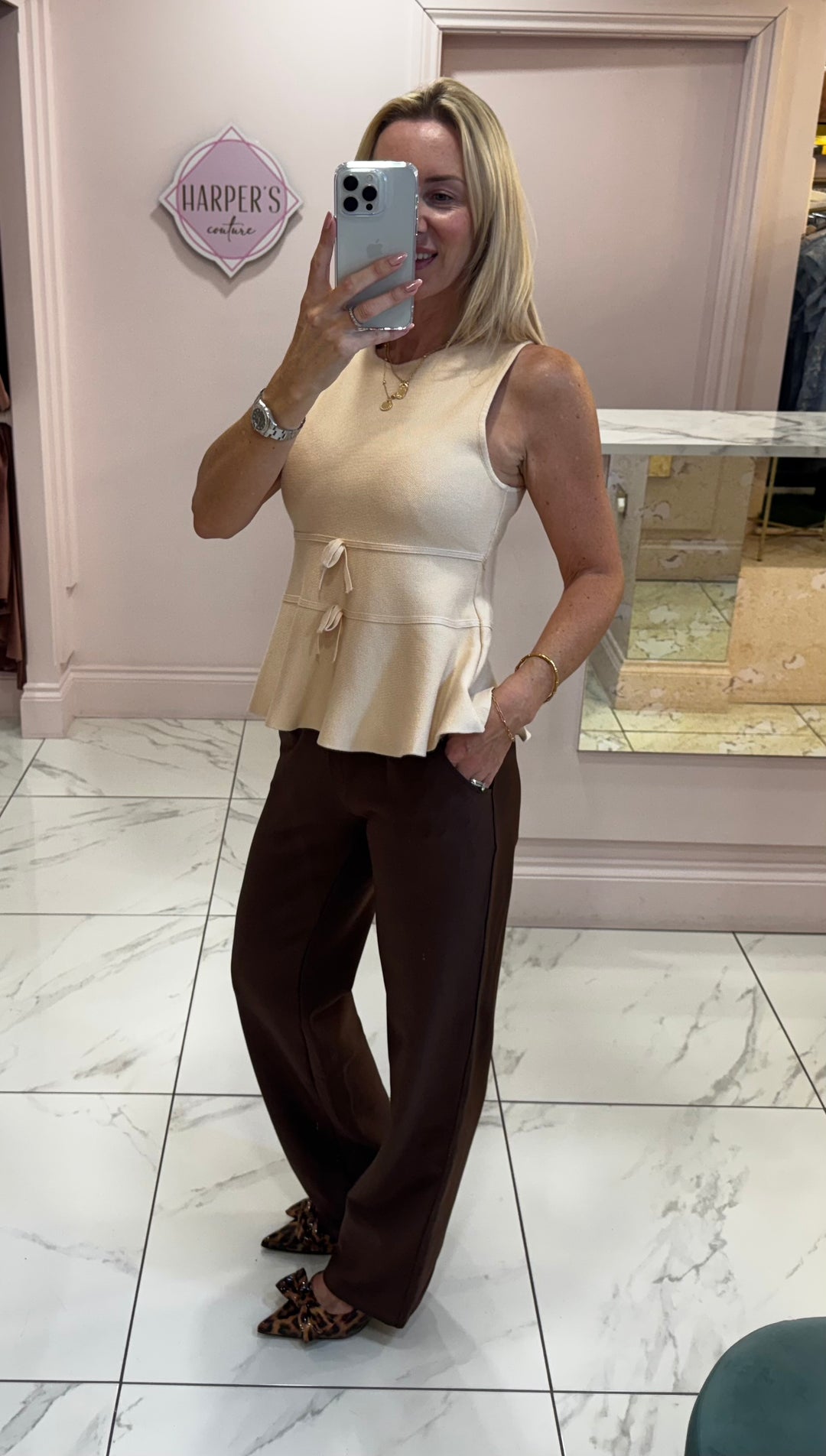 Lana Cream Peplum & Bow Detail Knit Tank Top